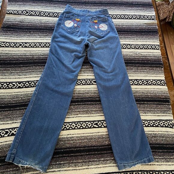 Vintage 70s City Girl Straight Leg Embroidered Bicycle Bike Jeans High Waist 26" - Picture 2 of 15